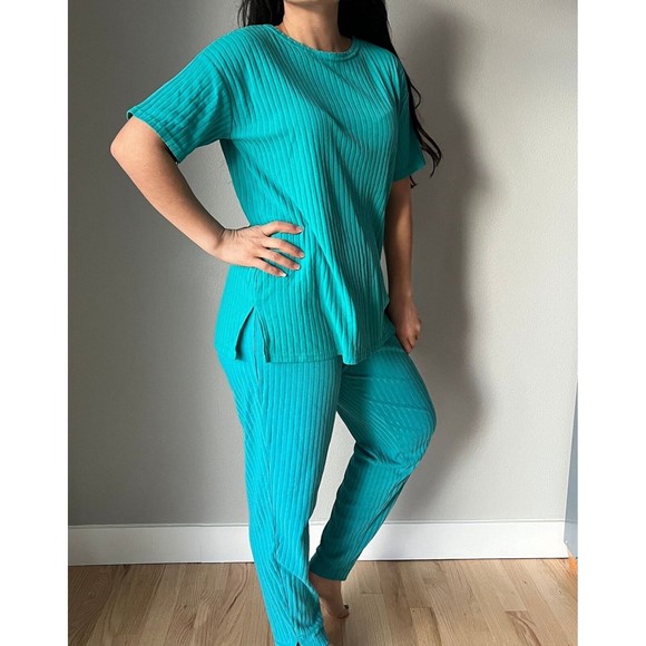 Vintage green leisure suit pant set knit retro casual comfy pajama vacation XS - Picture 3 of 8